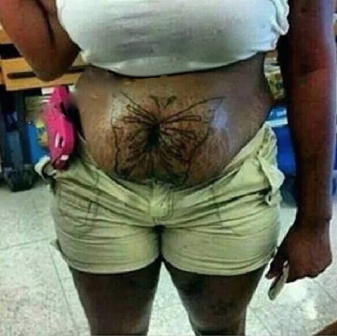 Belly Butterfly Tattoo. No Way Girl. Tattoo on Stretch Marks. Walmart Navel Fail