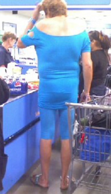 Big Blue - Amazon Woman in Biker Shorts Shops at Walmart - WTF Tall