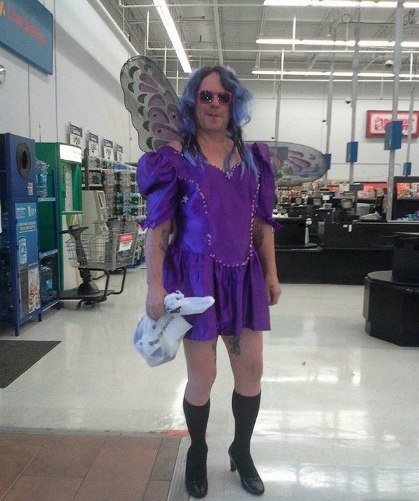 Manly Purple Fairy Godmother with Wings Flapping Around at 