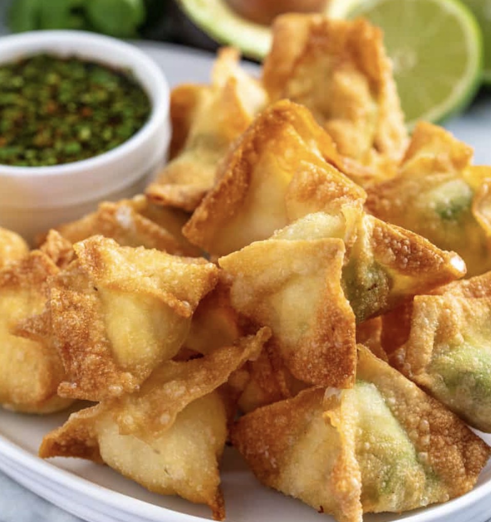 Avocado Cream Cheese Wontons with Cilantro Lime Dipping Sauce - Faxo