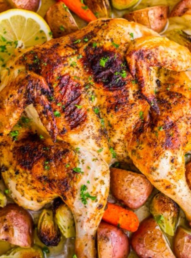 Spatchcock Chicken with Flavored Butter and Vegetables - Recipes - Faxo