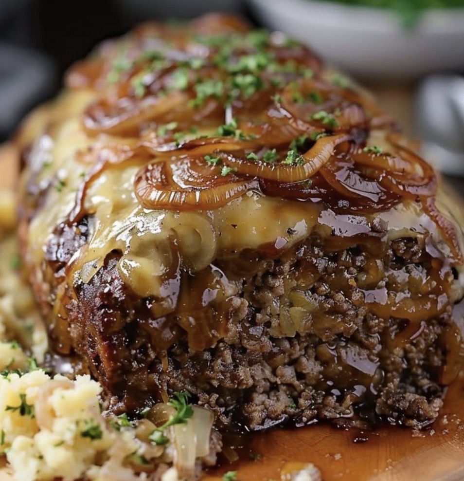 Slow Cooker French Onion Meatloaf with Melted Cheese - Faxo