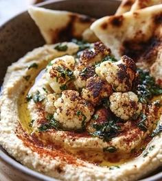Spicy Roasted Cauliflower with Herb-Infused Oil over Hummus